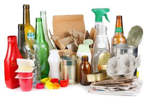 A collection of various discarded household items and rubbish, including plastic bottles in red, green, and transparent, some with caps and labels; aluminium cans of different sizes, some crumpled; cardboard boxes, some flattened and others partially unfolded; paper packaging and torn paper waste; crumpled tissue or paper towels on the right side; plastic spray bottles, one with a green nozzle, some with residual liquid; a small white ceramic or plastic container; colourful plastic bottle caps scattered at the front; and a crumpled piece of paper towel or tissue on top of the waste. The items are arranged on a flat surface, likely outdoors or in a waste collection area associated with garden clearance services. The environment appears well-lit, with natural lighting highlighting the textures and colours of the rubbish. This scene exemplifies typical household waste that Garden Clearance Wallington might handle during rubbish removal, illustrating the mix of materials often encountered in garden clearance and domestic rubbish disposal within the local area near Wallington and south London postcodes.